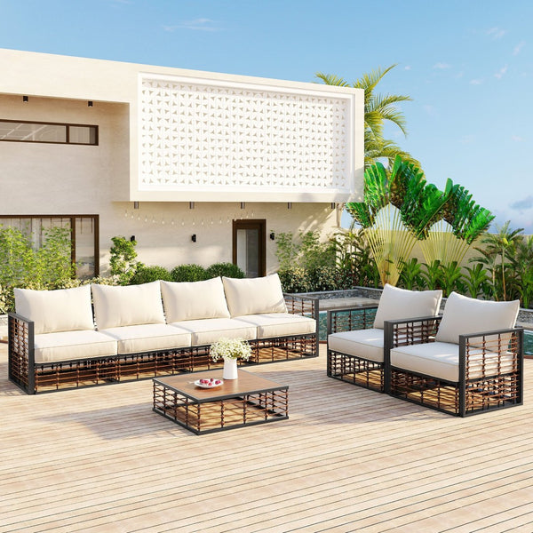 English Elm Topmax 7 Piece Outdoor Sectional Sofa Set Pe Rattan Steel Frame Thick Cushions Patio Dark Grey N717S100026E