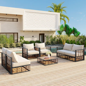 English Elm Topmax 7 Piece Outdoor Sectional Sofa Set Pe Rattan Steel Frame Thick Cushions Patio Dark Grey N717S100026E