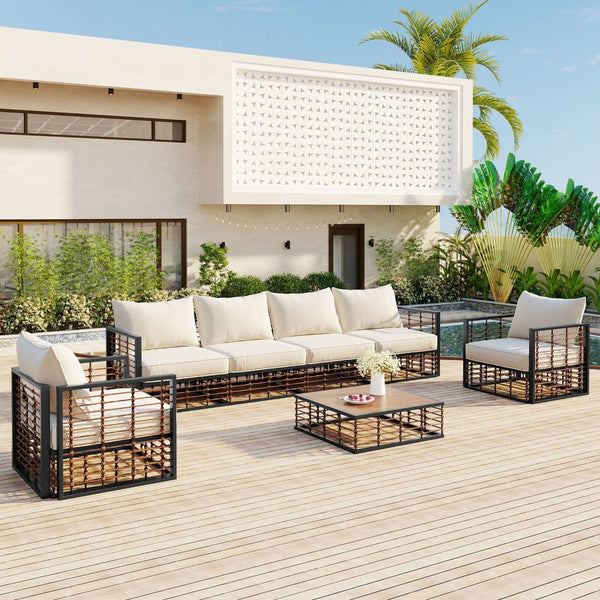 English Elm Topmax 7 Piece Outdoor Sectional Sofa Set Pe Rattan Steel Frame Thick Cushions Patio Dark Grey N717S100026E