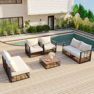 English Elm Topmax 7 Piece Outdoor Sectional Sofa Set Pe Rattan Steel Frame Thick Cushions Patio Dark Grey N717S100026E