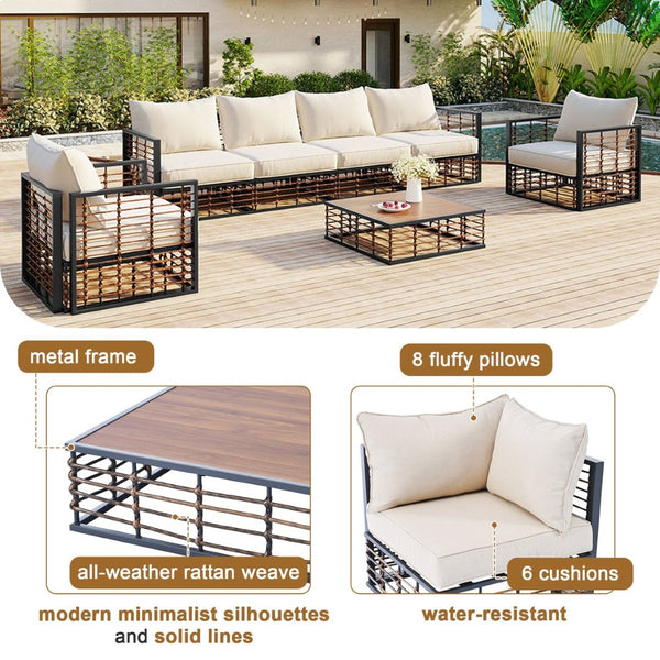 English Elm Topmax 7 Piece Outdoor Sectional Sofa Set Pe Rattan Steel Frame Thick Cushions Patio Dark Grey N717S100026E