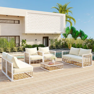 English Elm Topmax 7 Piece Outdoor Sectional Sofa Set Pe Rattan Steel Frame Thick Cushions Patio White N717S100026K