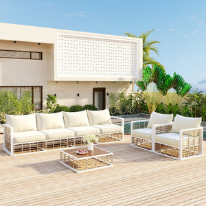 English Elm Topmax 7 Piece Outdoor Sectional Sofa Set Pe Rattan Steel Frame Thick Cushions Patio White N717S100026K