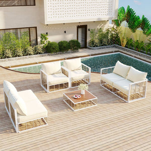 English Elm Topmax 7 Piece Outdoor Sectional Sofa Set Pe Rattan Steel Frame Thick Cushions Patio White N717S100026K