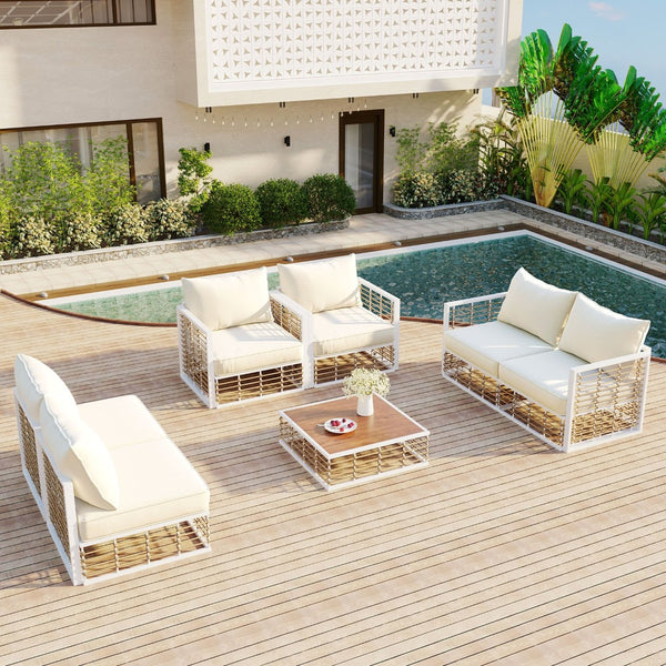 English Elm Topmax 7 Piece Outdoor Sectional Sofa Set Pe Rattan Steel Frame Thick Cushions Patio White N717S100026K