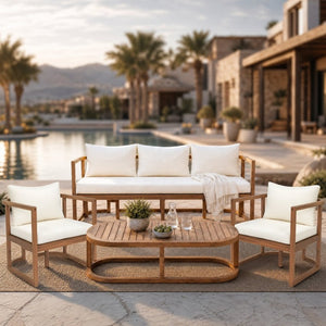 English Elm Topmax Acacia Wood 4 Piece Modular Sofa Set with Thick Cushions for Indoor Outdoor Living N717S264001A