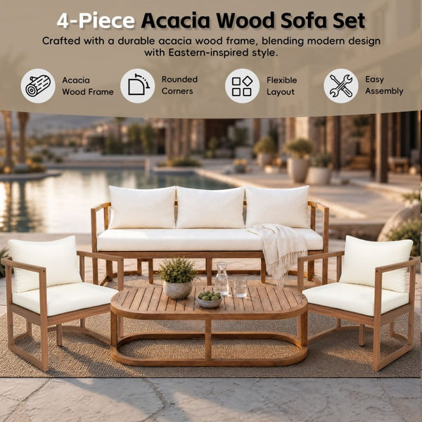 English Elm Topmax Acacia Wood 4 Piece Modular Sofa Set with Thick Cushions for Indoor Outdoor Living N717S264001A
