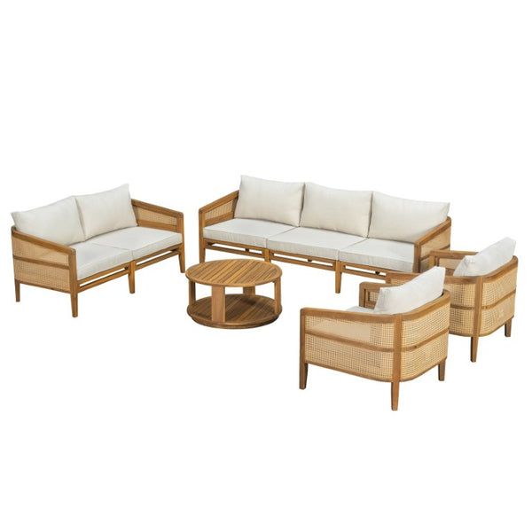 English Elm Topmax 5 Piece Acacia Hardwood Modular Outdoor Sofa Set with PE Rattan Panels N717S265001N