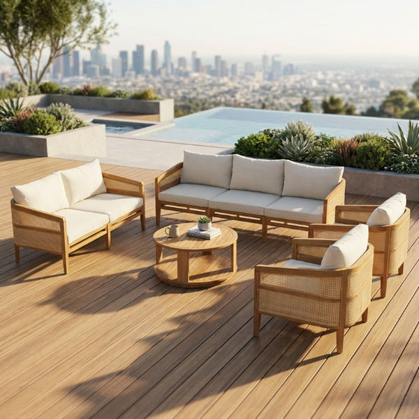 English Elm Topmax 5 Piece Acacia Hardwood Modular Outdoor Sofa Set with PE Rattan Panels N717S265001N