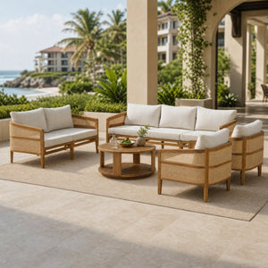 English Elm Topmax 5 Piece Acacia Hardwood Modular Outdoor Sofa Set with PE Rattan Panels N717S265001N
