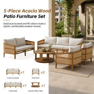 English Elm Topmax 5 Piece Acacia Hardwood Modular Outdoor Sofa Set with PE Rattan Panels N717S265001N
