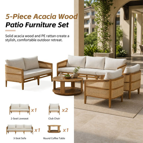 English Elm Topmax 5 Piece Acacia Hardwood Modular Outdoor Sofa Set with PE Rattan Panels N717S265001N
