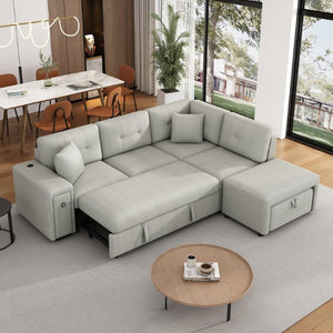 English Elm Sku Sleeper Sectional Sofa with Storage Drawer USB Ports and Rolling Ottoman Stool N719P185588E