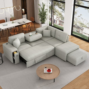 English Elm Sku Sleeper Sectional Sofa with Storage Drawer USB Ports and Rolling Ottoman Stool N719P185588E