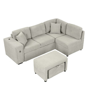 English Elm Sku Sleeper Sectional Sofa with Storage Drawer USB Ports and Rolling Ottoman Stool N719P185588E