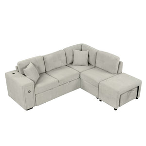 English Elm Sku Sleeper Sectional Sofa with Storage Drawer USB Ports and Rolling Ottoman Stool N719P185588E