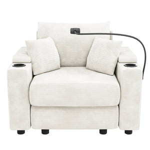 English Elm 39.4" Corduroy Single Sofa with Hidden Armrest Storage Usb Ports and Cup Holders Beige N719P211024A