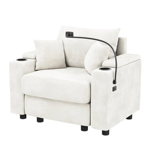 English Elm 39.4" Corduroy Single Sofa with Hidden Armrest Storage Usb Ports and Cup Holders Beige N719P211024A