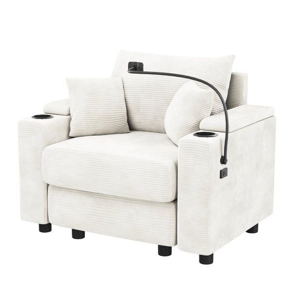 English Elm 39.4" Corduroy Single Sofa with Hidden Armrest Storage Usb Ports and Cup Holders Beige N719P211024A
