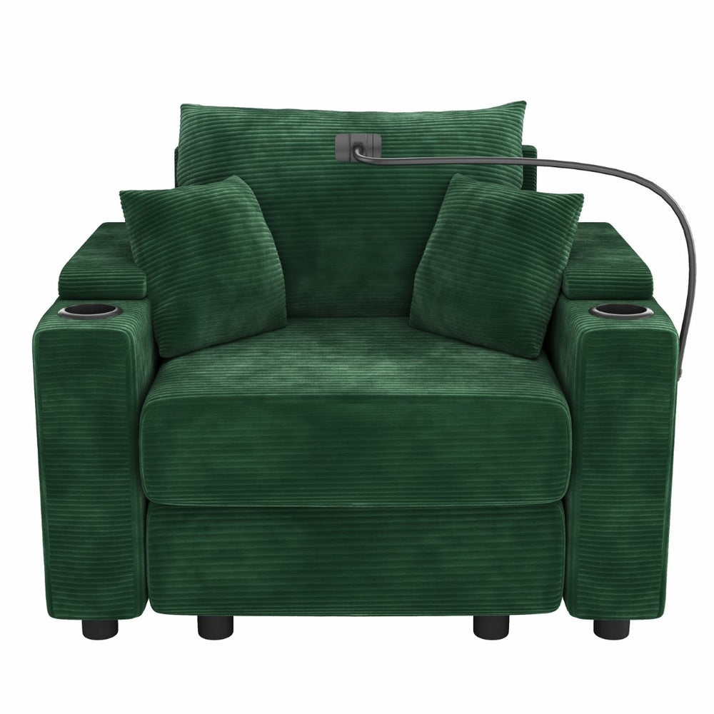 English Elm 39.4" Corduroy Single Sofa with Hidden Armrest Storage Usb Ports and Cup Holders Green N719P211024F