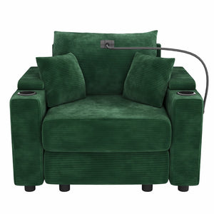 English Elm 39.4" Corduroy Single Sofa with Hidden Armrest Storage Usb Ports and Cup Holders Green N719P211024F