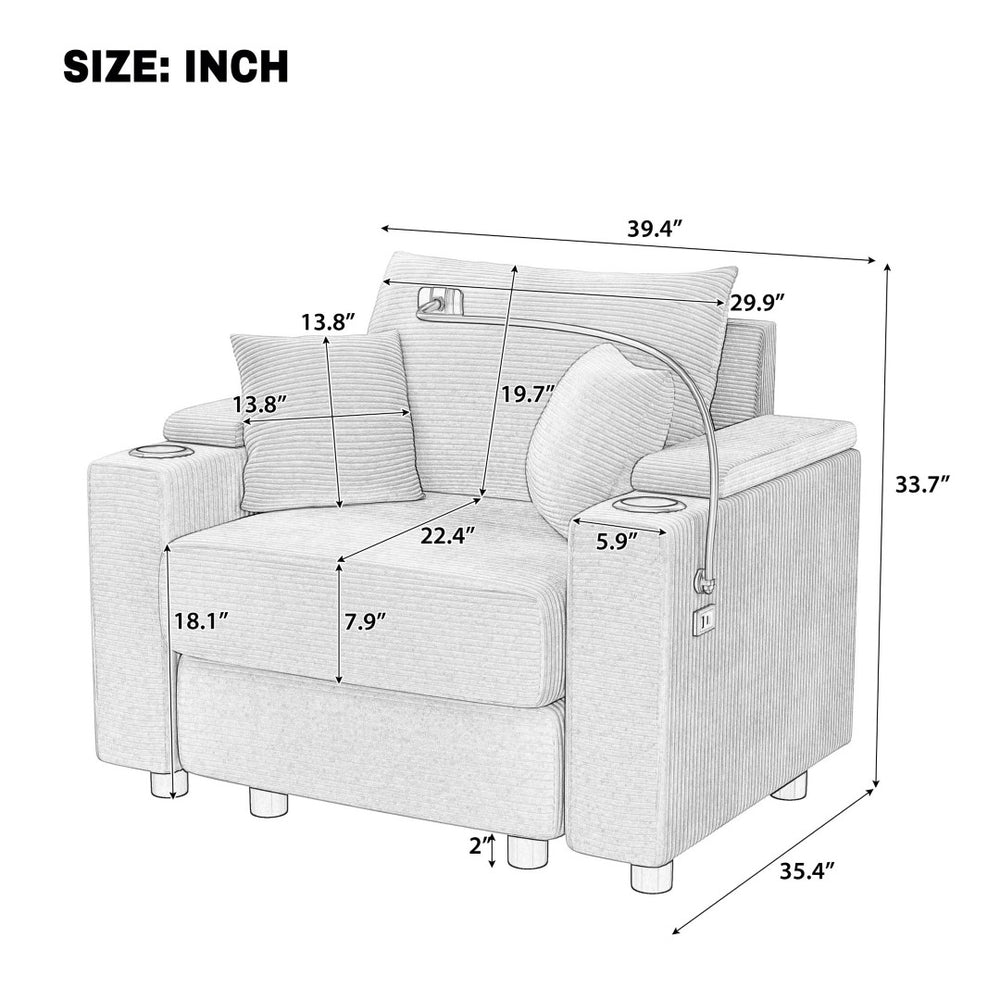 English Elm 39.4" Corduroy Single Sofa with Hidden Armrest Storage Usb Ports and Cup Holders Green N719P211024F