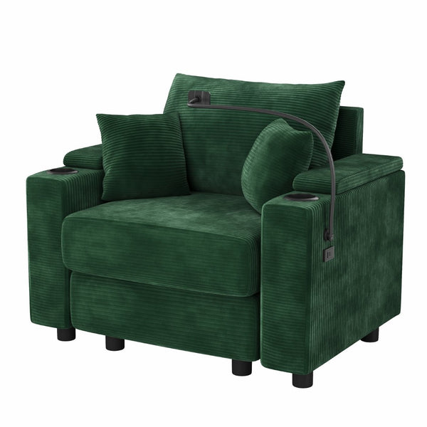 English Elm 39.4" Corduroy Single Sofa with Hidden Armrest Storage Usb Ports and Cup Holders Green N719P211024F