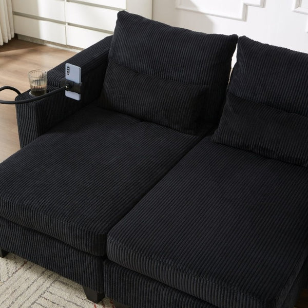 English Elm Convertible Corduroy Chaise Loveseat with USB Ports Cup Holders and Armrest Storage N719P285930B