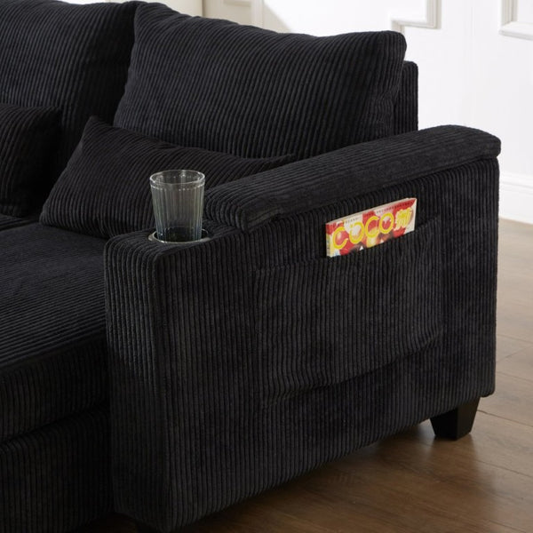 English Elm Convertible Corduroy Chaise Loveseat with USB Ports Cup Holders and Armrest Storage N719P285930B