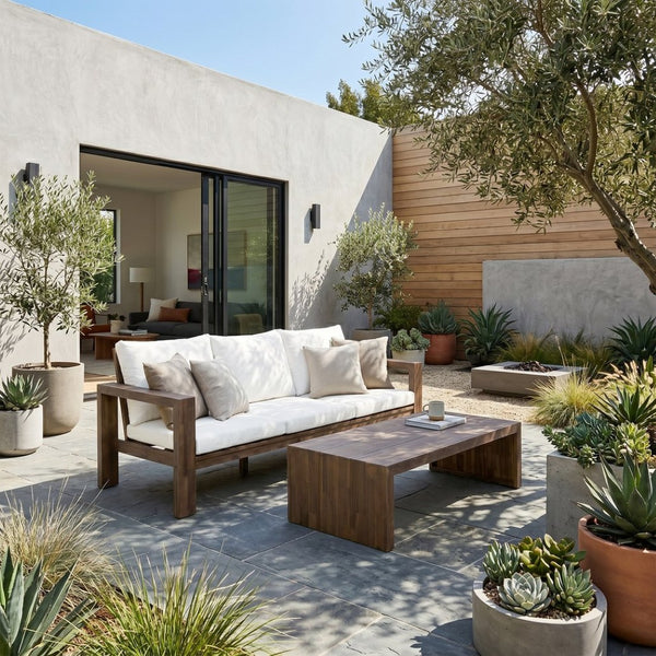 English Elm 3-seater Outdoor Sofa Set Rope Woven Acacia Wood Frame with Coffee Table Patio Lounge Mocha + Beige Cushion N719P384538D