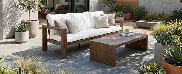 English Elm 3-seater Outdoor Sofa Set Rope Woven Acacia Wood Frame with Coffee Table Patio Lounge Mocha + Beige Cushion N719P384538D
