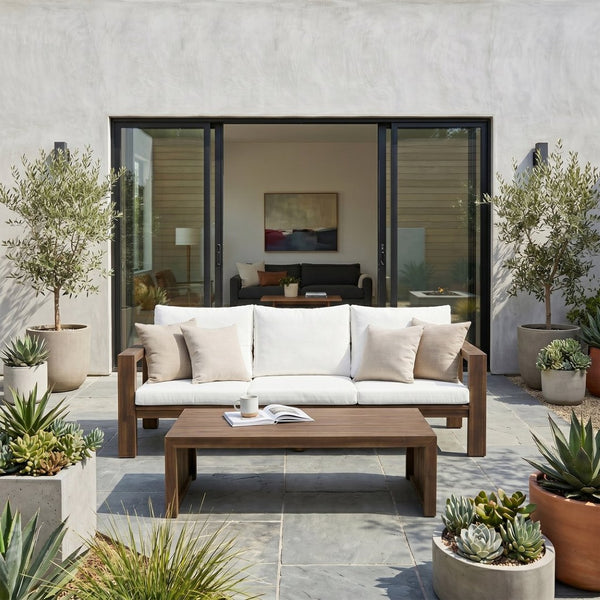 English Elm 3-seater Outdoor Sofa Set Rope Woven Acacia Wood Frame with Coffee Table Patio Lounge Mocha + Beige Cushion N719P384538D