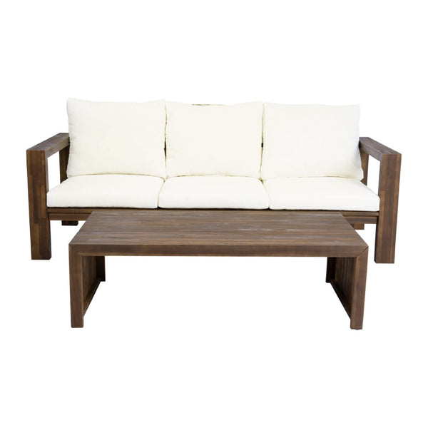 English Elm 3-seater Outdoor Sofa Set Rope Woven Acacia Wood Frame with Coffee Table Patio Lounge Mocha + Beige Cushion N719P384538D