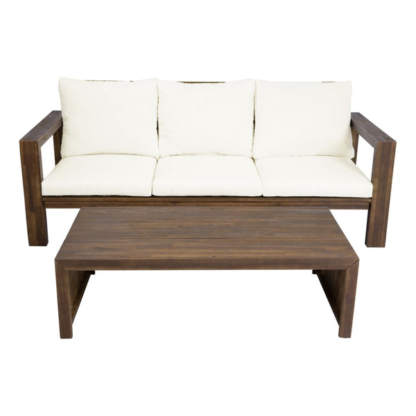 English Elm 3-seater Outdoor Sofa Set Rope Woven Acacia Wood Frame with Coffee Table Patio Lounge Mocha + Beige Cushion N719P384538D