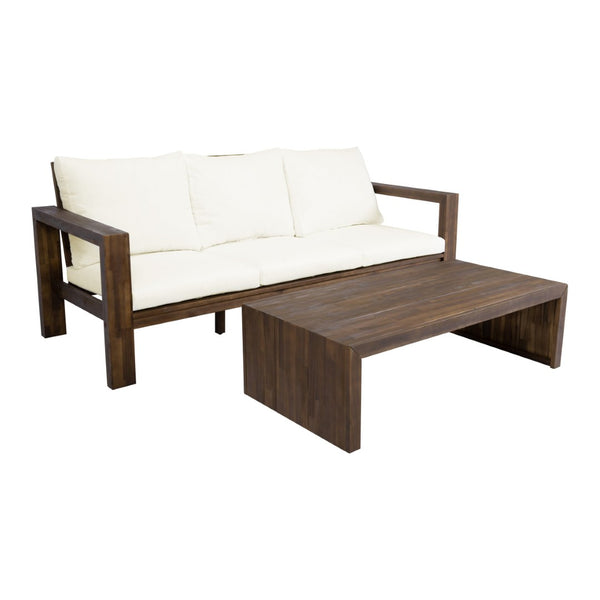English Elm 3-seater Outdoor Sofa Set Rope Woven Acacia Wood Frame with Coffee Table Patio Lounge Mocha + Beige Cushion N719P384538D