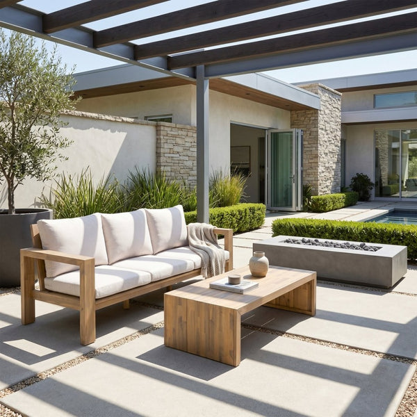 English Elm 3-seater Outdoor Sofa Set Rope Woven Acacia Wood Frame with Coffee Table Patio Lounge Light Teak + Beige Cushion N719P384538L