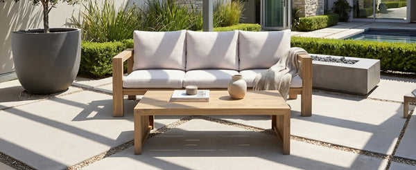 English Elm 3-seater Outdoor Sofa Set Rope Woven Acacia Wood Frame with Coffee Table Patio Lounge Light Teak + Beige Cushion N719P384538L