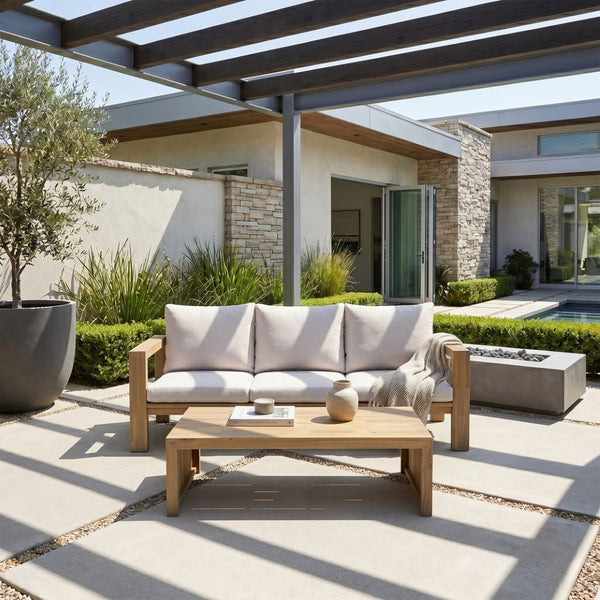 English Elm 3-seater Outdoor Sofa Set Rope Woven Acacia Wood Frame with Coffee Table Patio Lounge Light Teak + Beige Cushion N719P384538L