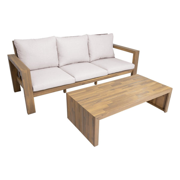 English Elm 3-seater Outdoor Sofa Set Rope Woven Acacia Wood Frame with Coffee Table Patio Lounge Light Teak + Beige Cushion N719P384538L