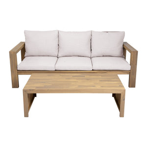 English Elm 3-seater Outdoor Sofa Set Rope Woven Acacia Wood Frame with Coffee Table Patio Lounge Light Teak + Beige Cushion N719P384538L