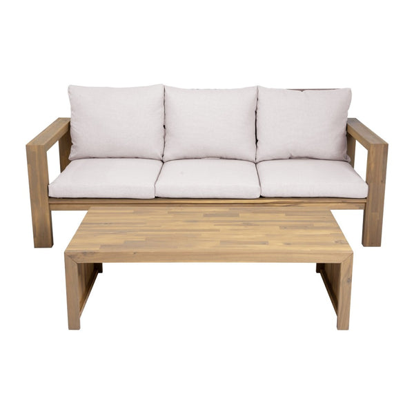 English Elm 3-seater Outdoor Sofa Set Rope Woven Acacia Wood Frame with Coffee Table Patio Lounge Light Teak + Beige Cushion N719P384538L