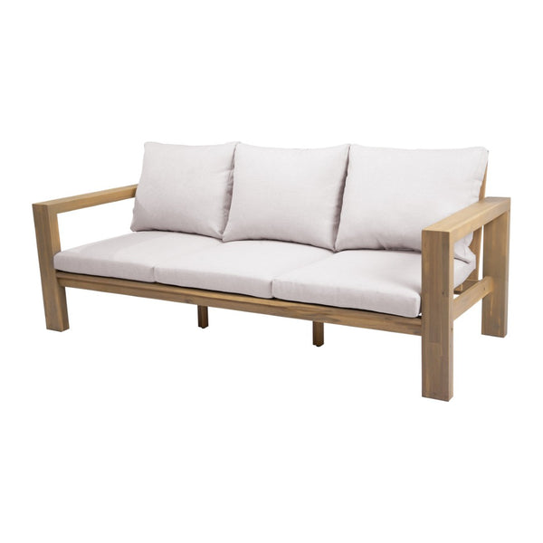 English Elm 3-seater Outdoor Sofa Set Rope Woven Acacia Wood Frame with Coffee Table Patio Lounge Light Teak + Beige Cushion N719P384538L