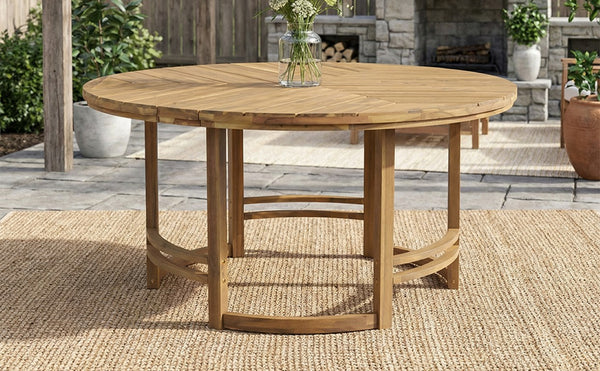 English Elm Outdoor Acacia Wood Dining Set with Umbrella Hole Slatted Round Table Resort Style N719P402253L