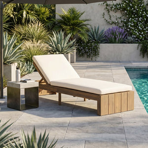 English Elm Adjustable Acacia Wood Outdoor Chaise Lounge with Reclining Backrest and Cushioned Pool Deck Light Teak + Beige Cushion N719P414733A
