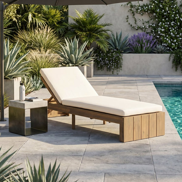 English Elm Adjustable Acacia Wood Outdoor Chaise Lounge with Reclining Backrest and Cushioned Pool Deck Light Teak + Beige Cushion N719P414733A