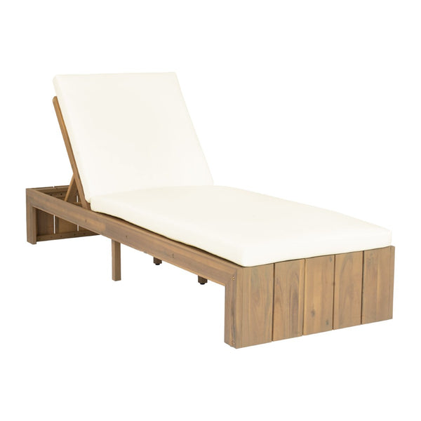 English Elm Adjustable Acacia Wood Outdoor Chaise Lounge with Reclining Backrest and Cushioned Pool Deck Light Teak + Beige Cushion N719P414733A