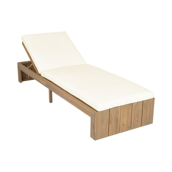 English Elm Adjustable Acacia Wood Outdoor Chaise Lounge with Reclining Backrest and Cushioned Pool Deck Light Teak + Beige Cushion N719P414733A