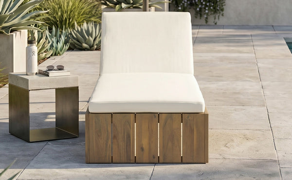 English Elm Adjustable Acacia Wood Outdoor Chaise Lounge with Reclining Backrest and Cushioned Pool Deck Light Teak + Beige Cushion N719P414733A