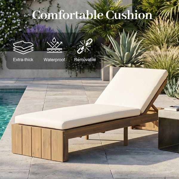 English Elm Adjustable Acacia Wood Outdoor Chaise Lounge with Reclining Backrest and Cushioned Pool Deck Light Teak + Beige Cushion N719P414733A