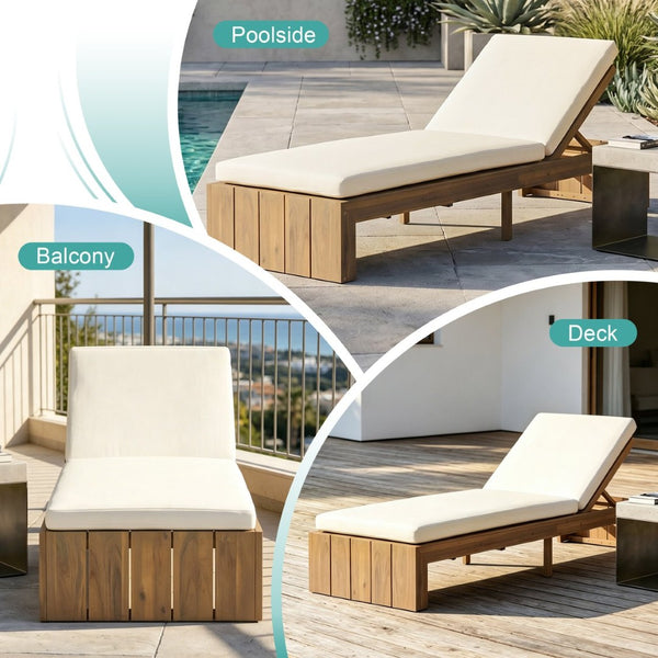 English Elm Adjustable Acacia Wood Outdoor Chaise Lounge with Reclining Backrest and Cushioned Pool Deck Light Teak + Beige Cushion N719P414733A